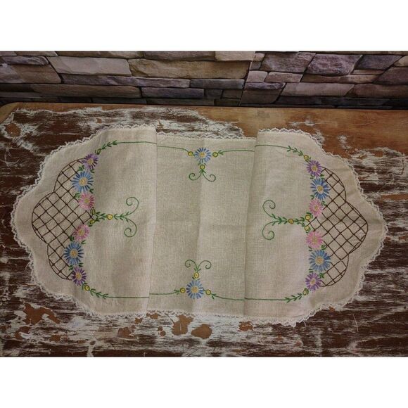 5/$25 13.5X44" Vintage Embroidered Linen Table Runner Dresser Scarf Flowers - Picture 5 of 8